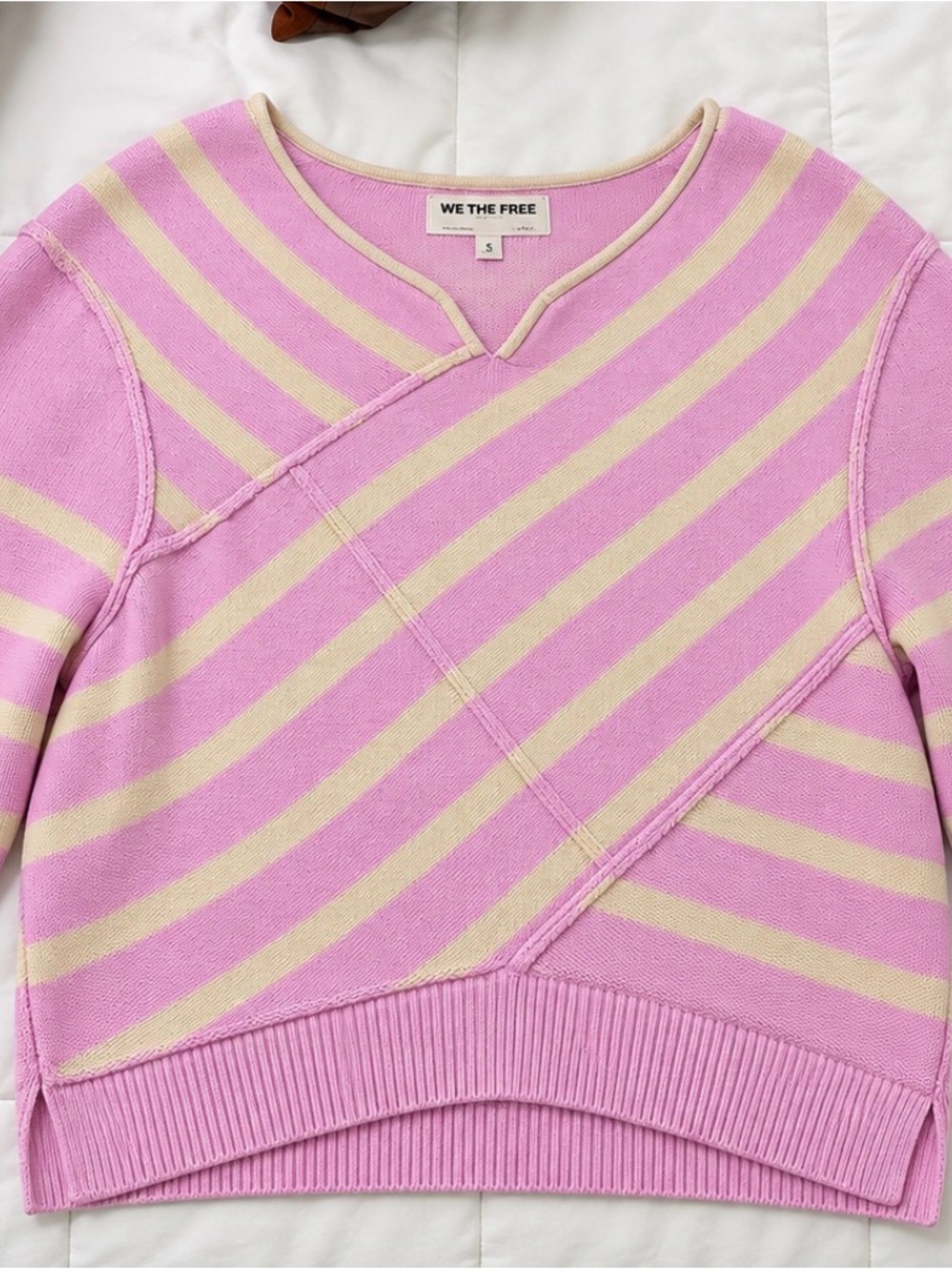 We The Free Pink & Cream Diagonal Stripe Crew Sweater